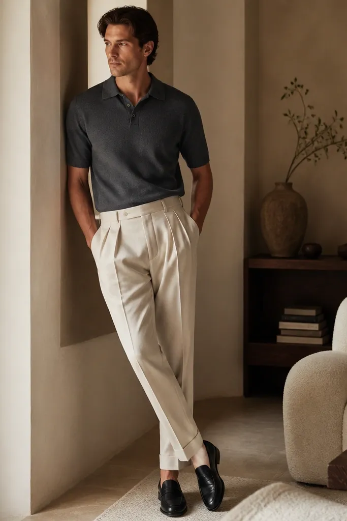 A man wearing light beige pleated dress trousers with a charcoal knit polo shirt. The polo has a structured collar and short sleeves, and the shoes are black leather loafers. Lighting is indoor warm.