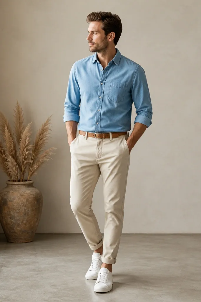A man in light beige pants with a rolled ankle hem, wearing a sky blue chambray button-up with sleeves rolled to mid-forearm. He has white low-top sneakers and a simple tan belt.