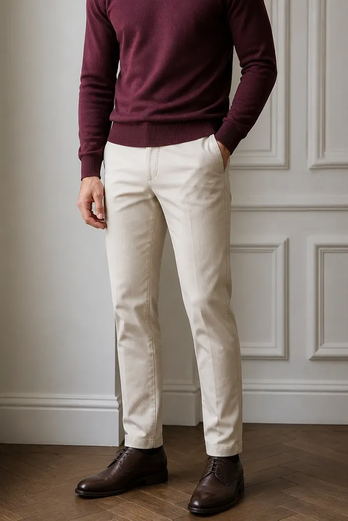 A close outfit shot of light beige slim taper pants paired with a burgundy crewneck sweater and dark brown leather lace-up shoes. The sweater is fitted at the cuffs and the pants have a clean break.