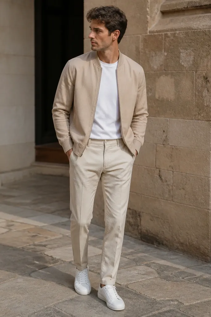 A man wearing light beige pants with a slightly darker sand bomber jacket, a white crew tee, and white sneakers. The bomber has a ribbed collar and cuffs, and the outfit is photographed outdoors.