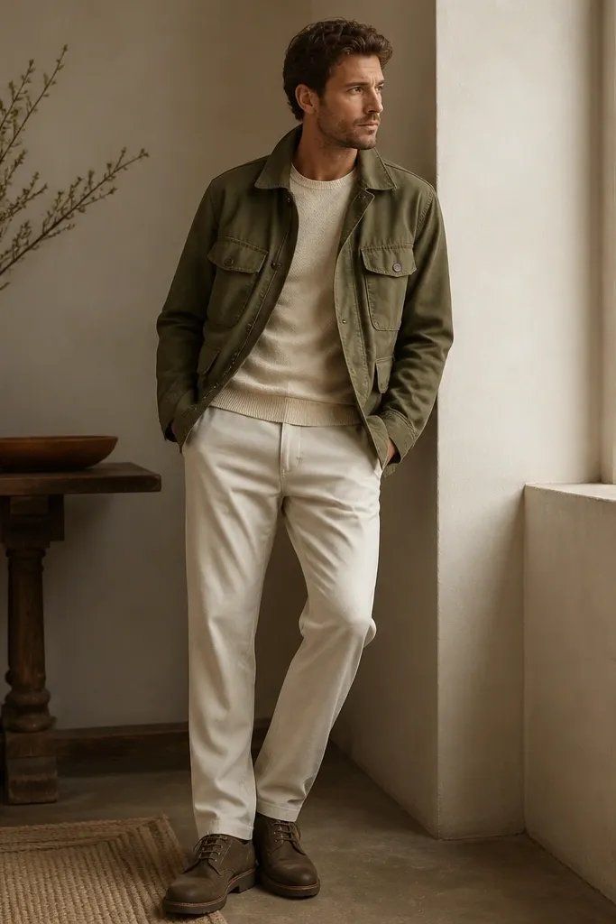 A man in light beige pants wearing an olive field jacket with multiple pockets, a cream knit tee underneath, and olive-brown boots. The field jacket is worn open, and the pants show a slight break.