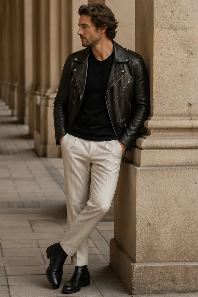 A biker-style black leather jacket over a black t-shirt, paired with light beige trousers. The man wears black Chelsea boots, and the jacket has visible seams and a slightly worn finish.