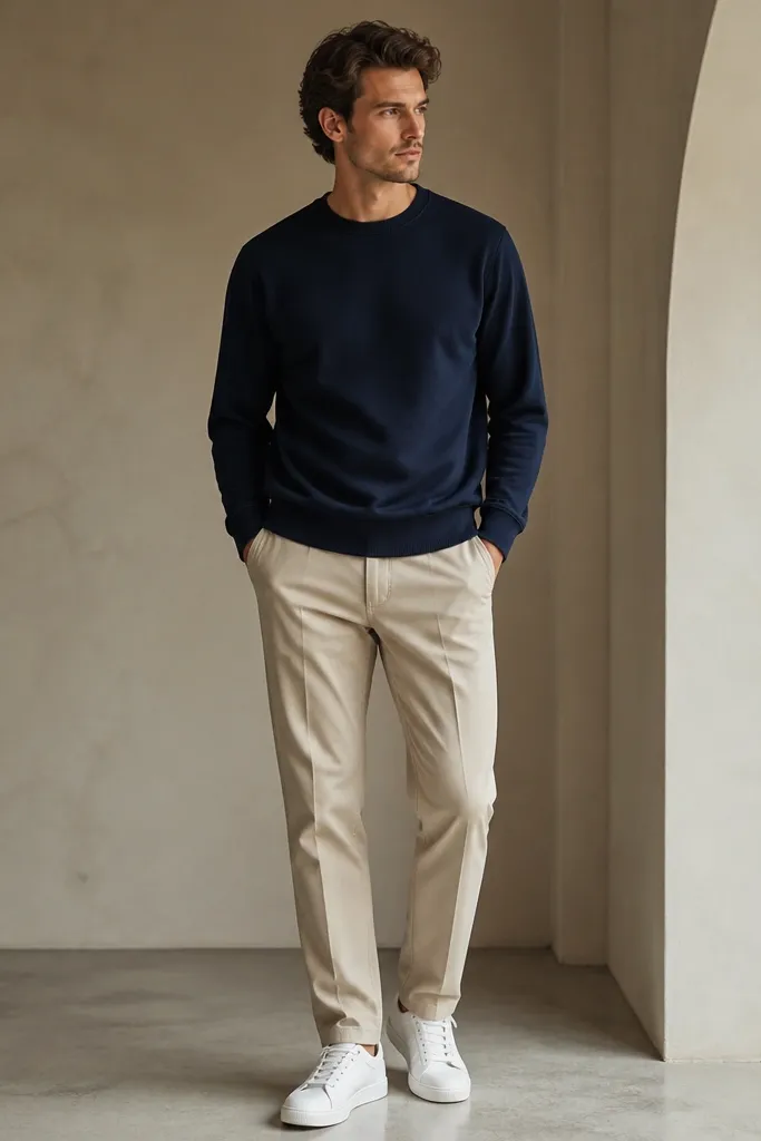 Light beige pants with a navy crewneck sweatshirt, worn with clean white sneakers. The sweatshirt has a slightly structured collar and the pants have a medium break.