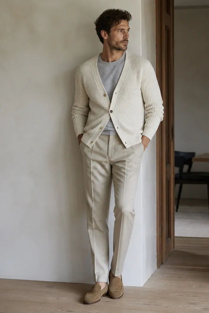 A man wearing light beige trousers with a cream knit cardigan buttoned in the middle, a heather gray crew tee underneath, and tan suede loafers.