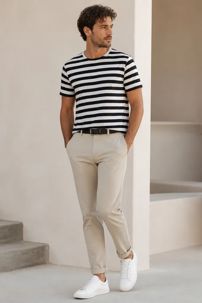 A man in light beige tapered pants wearing a black-and-white striped crew-neck tee, with a black belt and white low-top sneakers. The stripes are medium width.
