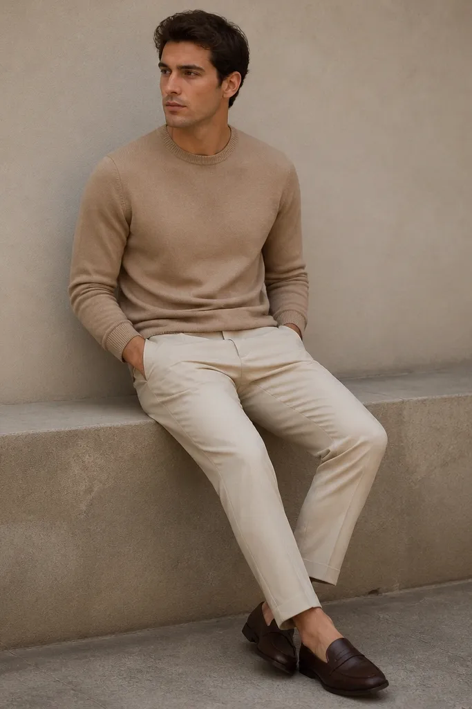 Light beige pants paired with a slightly darker tan crewneck sweater and chocolate brown leather loafers. The outfit is photographed in soft shade with a simple background.