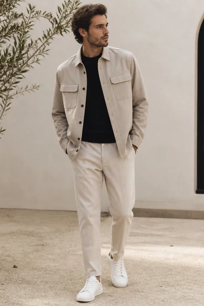 A man wearing light beige pants with a stone-colored overshirt over a black t-shirt. The shoes are clean white sneakers, and the overshirt has a button front and chest pockets.
