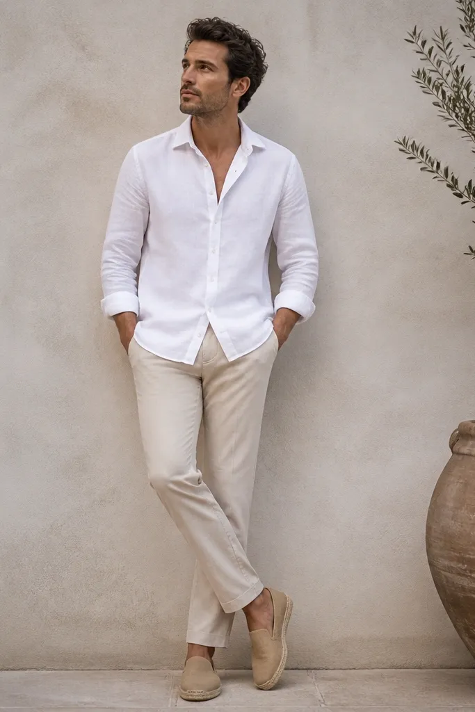 Light beige chinos worn uncuffed with a white linen button-up left untucked, and tan espadrilles. The shirt collar is slightly open and the fabric shows natural linen texture.