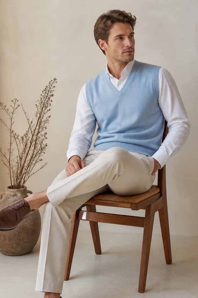 A man wearing a light blue sweater vest over a white button-down, paired with light beige pants. The vest is V-neck and the shirt collar peeks out. Shoes are brown leather derbies.
