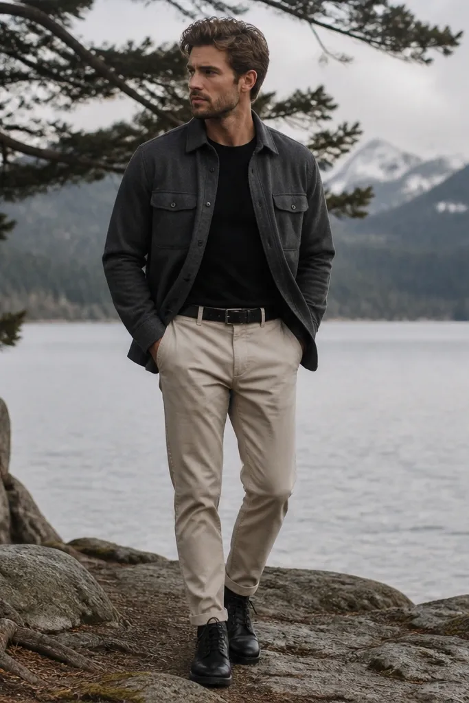 Light beige pants styled with a gray flannel overshirt, worn over a black t-shirt. The man wears black lace-up boots and a black belt. The outfit is photographed in cooler weather.