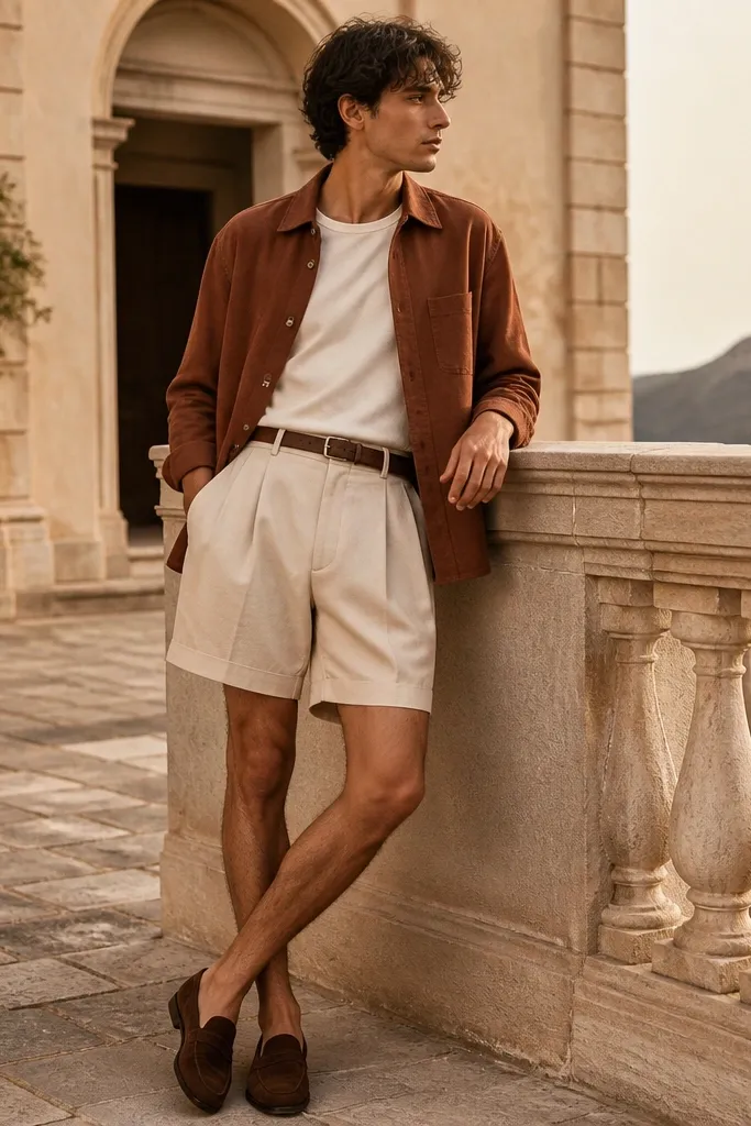 Man wearing a rust-brown overshirt with horn buttons over an off-white crew tee, paired with light beige pleated shorts that hit mid-thigh. He has on dark brown camp loafers with a suede finish and a brown leather belt. The outfit is shot outdoors in warm daylight, showing the shorts drape and the pleats opening slightly at the front.