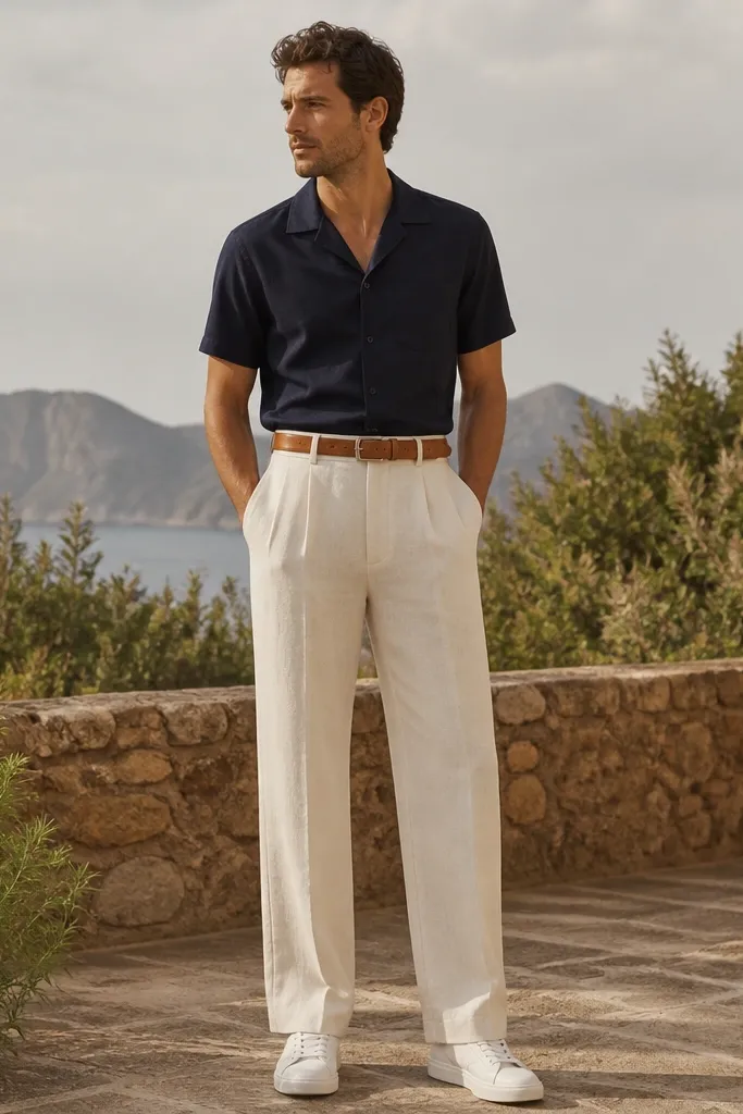 A man standing outdoors wearing high-waisted ecru linen pants with a relaxed straight leg. He wears a navy short-sleeve camp collar shirt with a slightly open collar. The shoes are white leather low-top sneakers, and he has a tan leather belt.