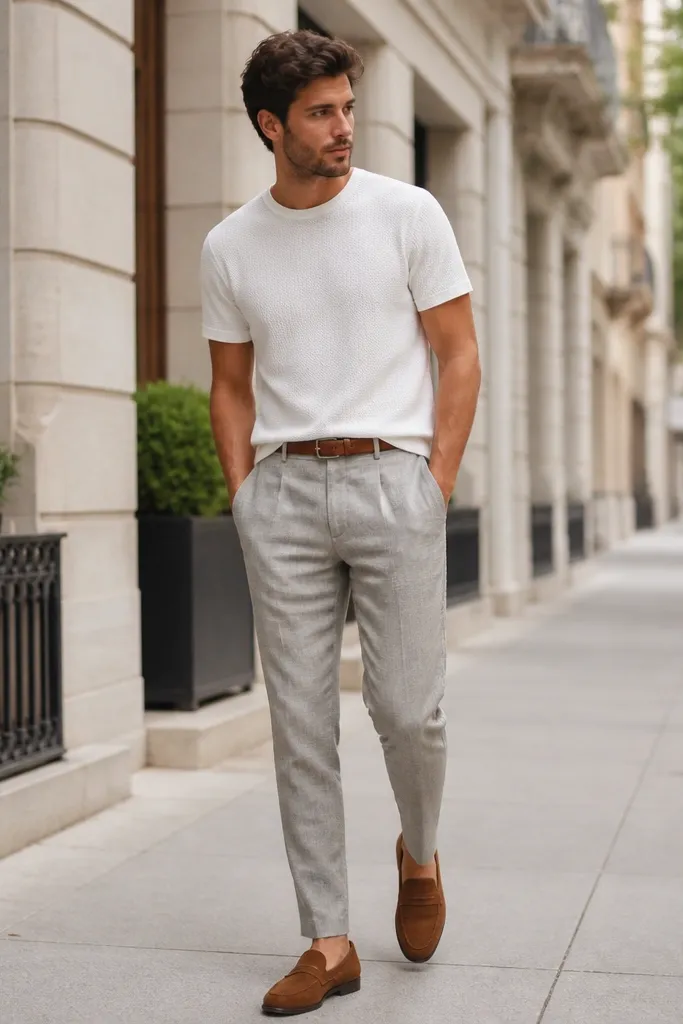 A man in stone-gray linen pants with a slight taper. He wears a white textured crew-neck tee tucked at the front. Cognac suede loafers and a matching belt are visible; the background is a city sidewalk.
