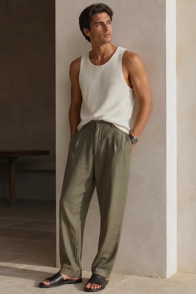 Olive linen pants with a relaxed silhouette. The man wears an off-white ribbed tank tucked loosely at the front. He has black leather slide sandals and a simple wristwatch.