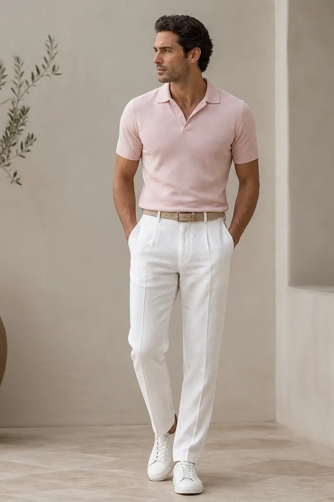 White linen pants with a tapered leg. The man wears a pale pink knit polo with the collar open slightly. The shoes are white leather sneakers and the belt is light tan.