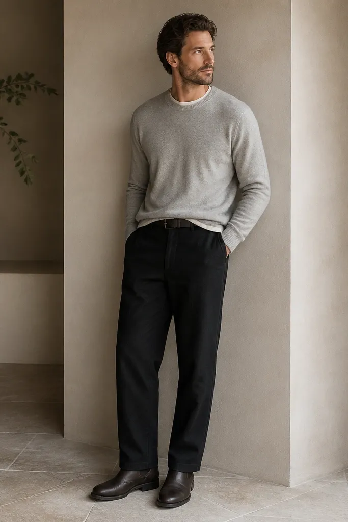 Black linen pants with a straight leg. The man layers a light gray crewneck sweater over a neutral tee. He wears dark brown leather boots and a black belt.