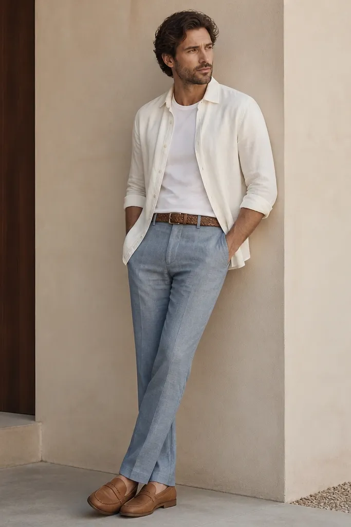 Blue-gray linen pants paired with an off-white linen shirt worn unbuttoned. The shirt is open over a white tee. The man wears tan leather loafers and a braided belt.
