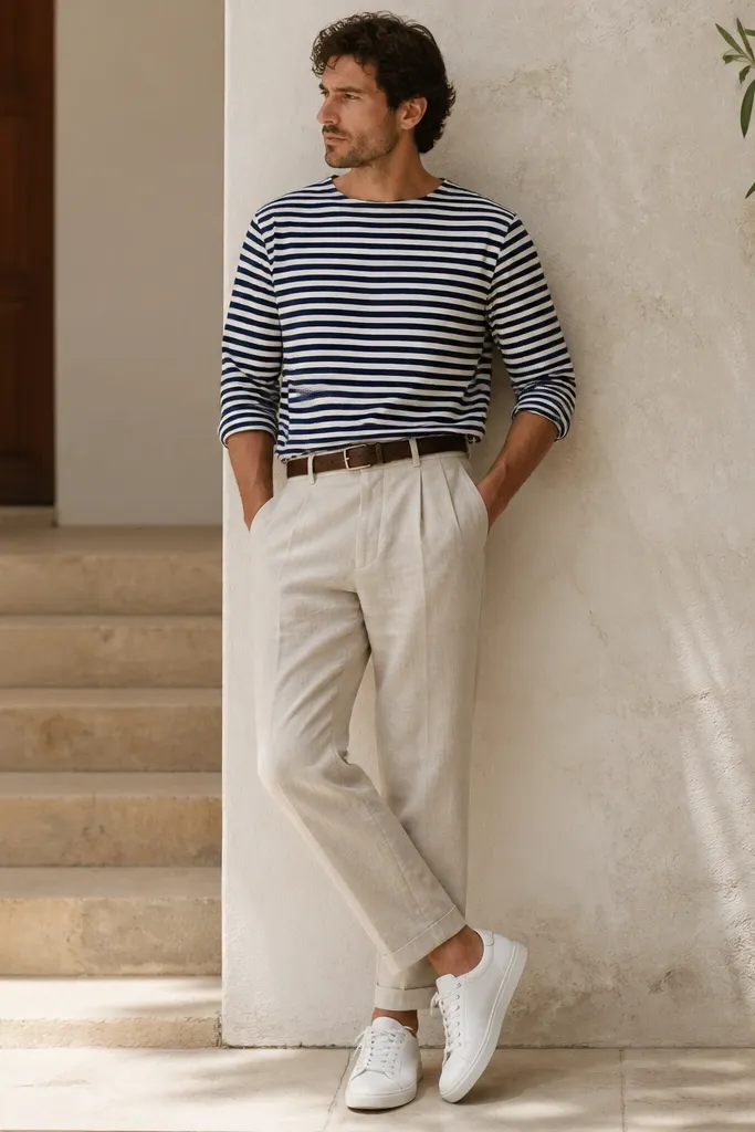 Beige linen pants with a relaxed taper. The man wears a navy-and-white striped long-sleeve shirt, slightly rolled sleeves, front-tucked. He has white sneakers and a dark brown belt.