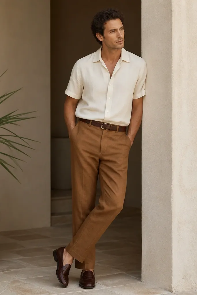 Cinnamon brown linen pants with a straight leg. A cream short-sleeve button-down is worn with the top button undone and a front tuck. The man wears dark brown leather loafers and a matching belt.
