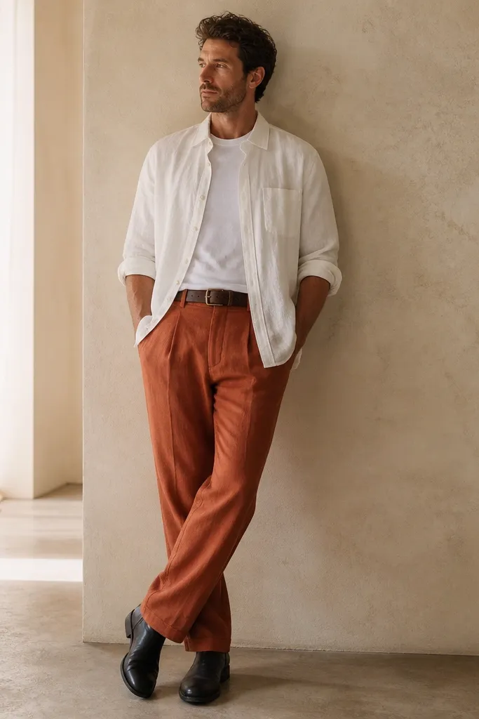 Rust-orange linen pants paired with a white gauze-style button-up. The shirt is worn open over a white tee and the sleeves are rolled. The man wears black leather boots and a brown belt.