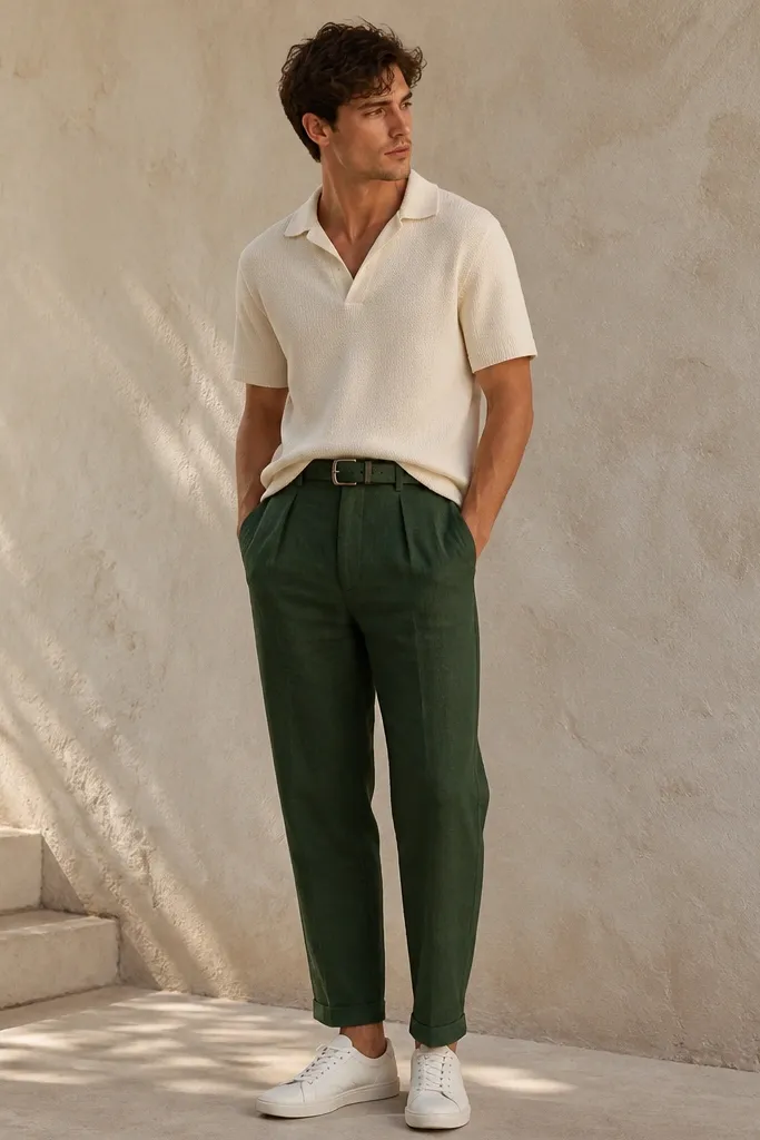 Forest green linen pants with a relaxed taper. The man wears a cream short-sleeve knit shirt tucked at the front. He has white sneakers and a dark green belt.