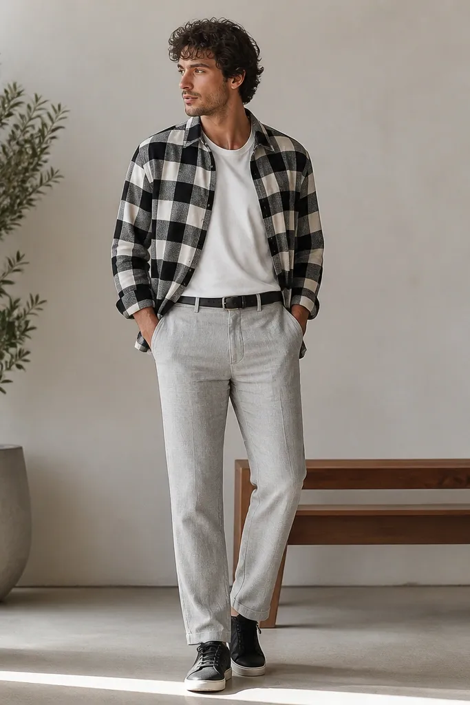 Light gray linen pants paired with a black-and-white check overshirt worn open. A plain white tee is underneath. The man wears black sneakers and a black belt.
