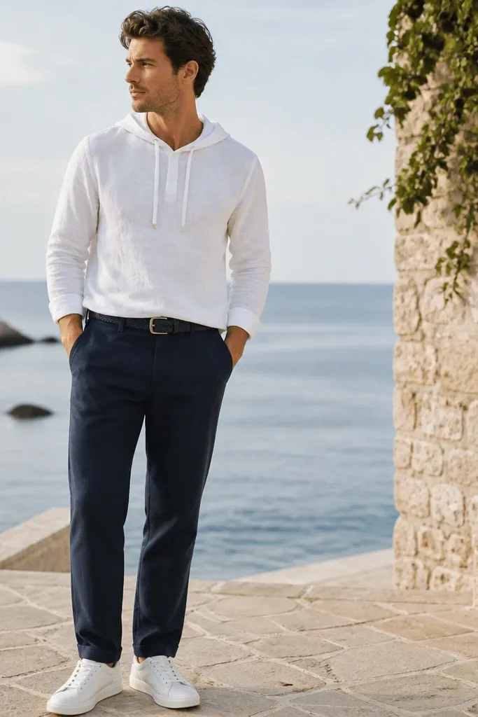 Navy linen pants with a straight leg. The man wears a white linen-blend hoodie with the hood down. He has white sneakers and a navy belt.