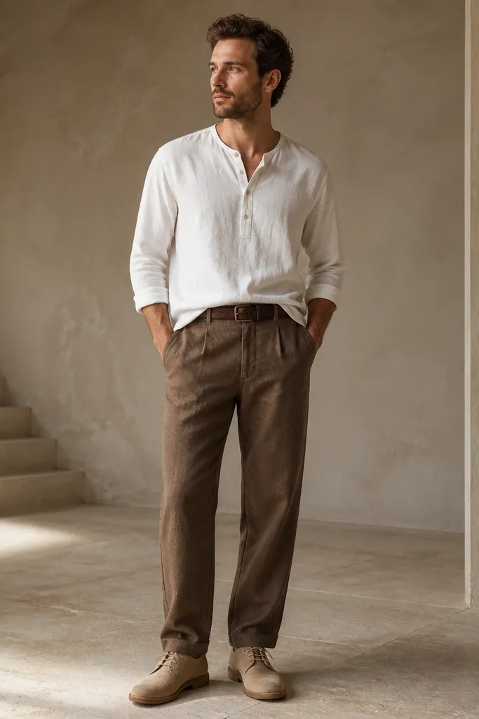 Mocha-brown linen pants with a relaxed straight leg. The man wears a white henley with three buttons, slightly tucked at the front. Suede desert boots in sand color and a brown belt are visible.
