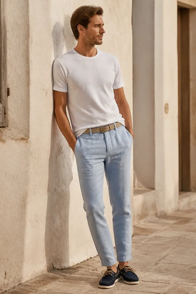 Light blue linen pants, slightly tapered. The man wears a plain white crew tee tucked at the front. He has navy boat shoes with white soles and a matching light tan belt.