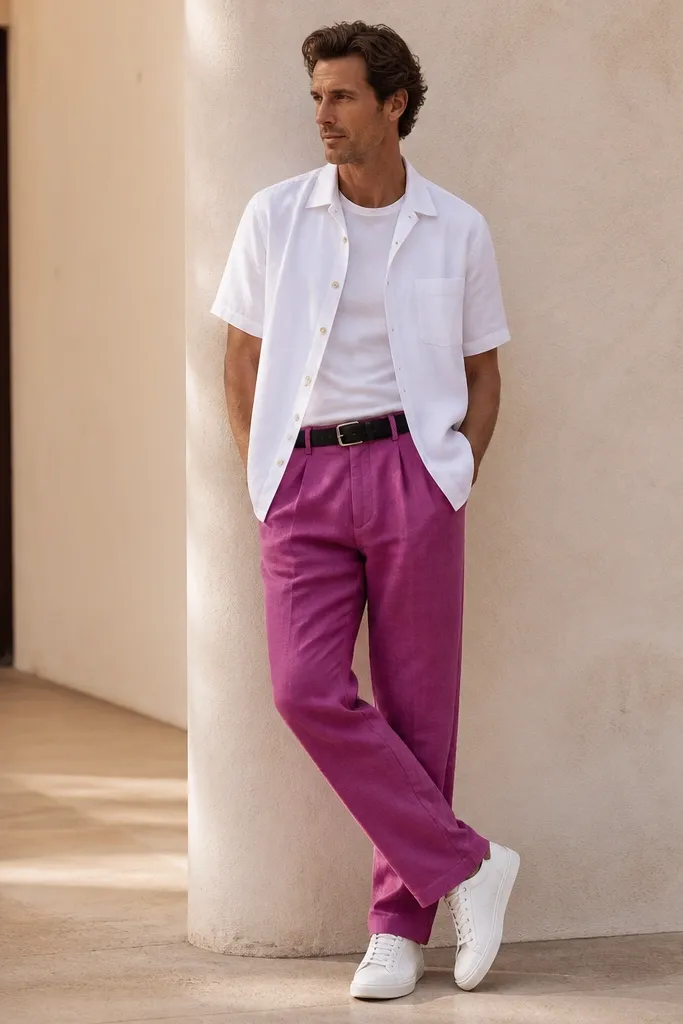 Magenta linen pants with a relaxed straight leg. The man wears a crisp white short-sleeve shirt worn open, no tie, with a white tee underneath. He has white sneakers and a black belt.