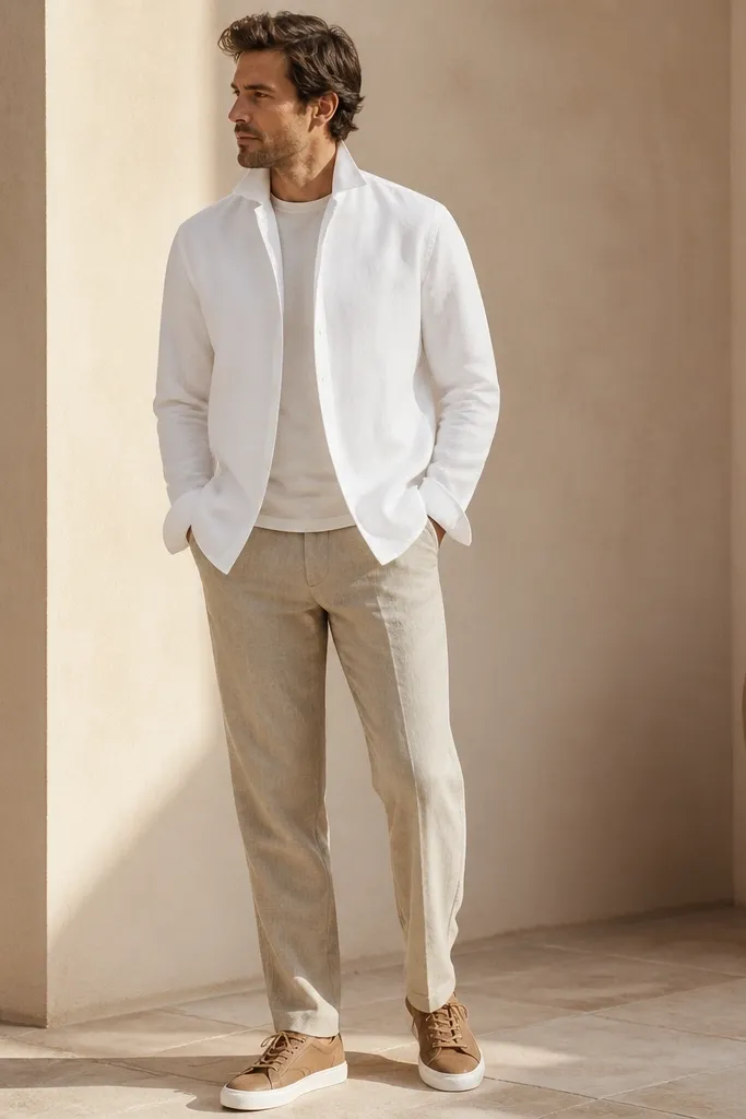 Sandstone-colored linen pants with a straight leg. The man wears a white overshirt layered over a light tee. The overshirt is buttoned with the collar up slightly, and he wears tan leather sneakers.