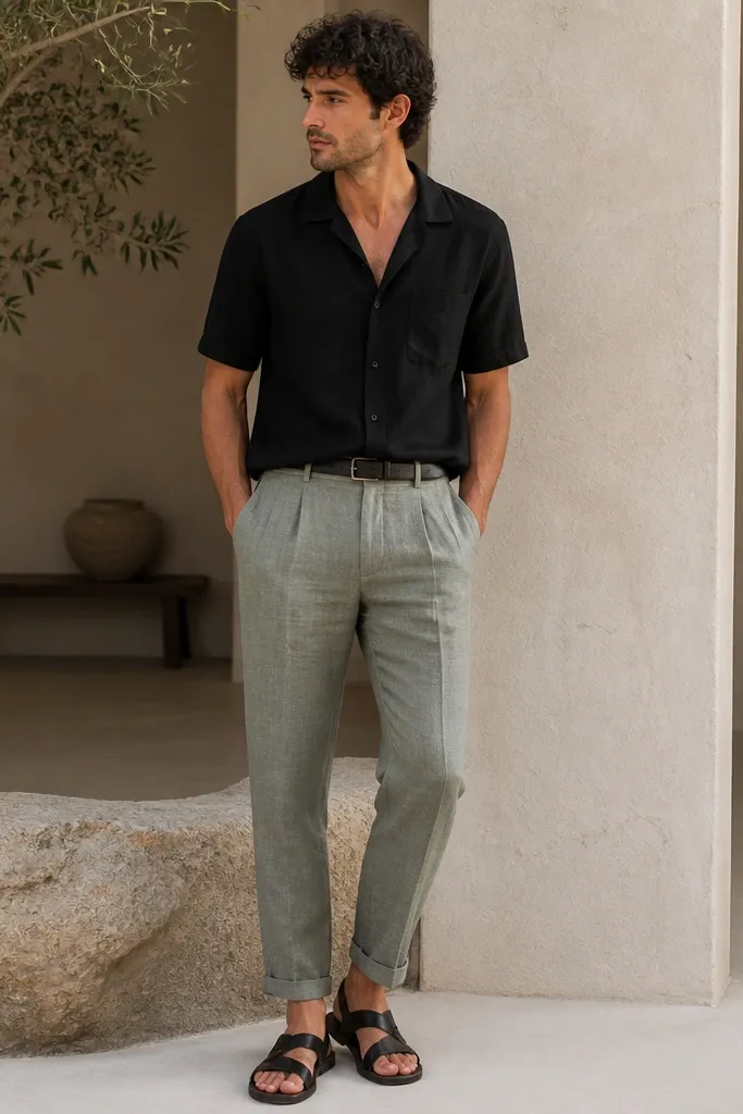 Gray-green linen pants with a slight taper. The man wears a black short-sleeve linen shirt with the collar open. He has black leather sandals and a thin black belt.
