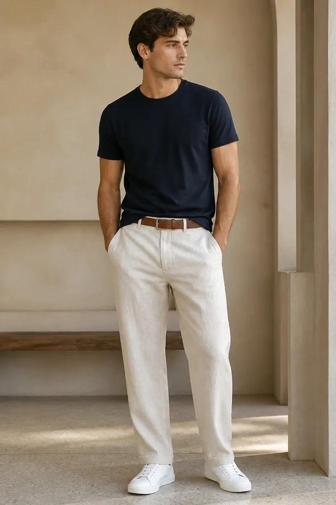 Ivory linen pants with a relaxed straight leg. The man wears a navy crewneck tee tucked at the front. White sneakers and a light brown belt are visible.