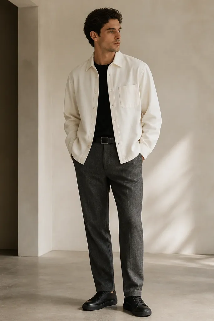 Charcoal linen pants with a straight leg. The man wears a white overshirt buttoned up over a black tee. The belt is black leather with a simple buckle, and he wears black low-profile sneakers.