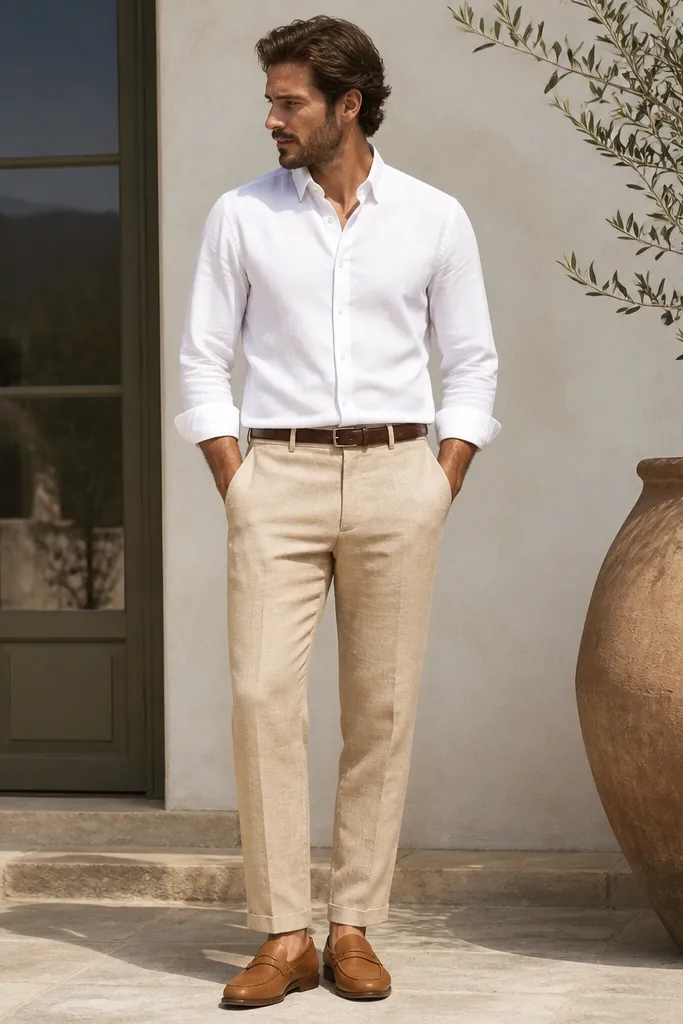 Man wearing sand tan linen pants with a slightly relaxed straight leg. He pairs a crisp white oxford button-down tucked neatly at the front with a clean belt. Feet are tan leather loafers with no visible socks or low no-show socks. The pants hem breaks just above the loafer vamp.