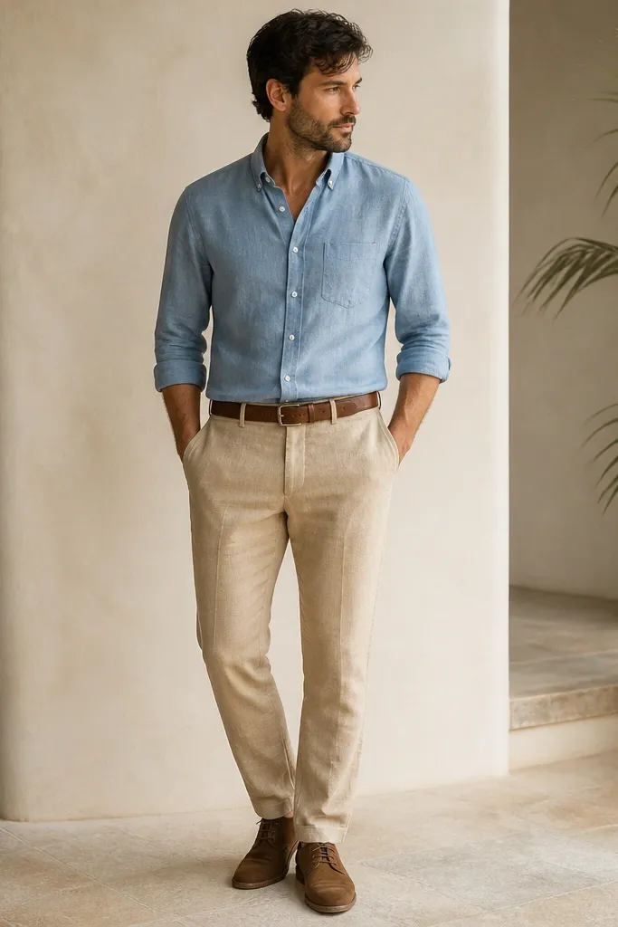 Man in camel tan linen pants with a gentle taper at the ankle. He wears a light blue chambray button-up with sleeves rolled once to mid-forearm. Brown suede chukkas sit under the hem with a slight break. The belt is medium brown leather with a simple buckle.