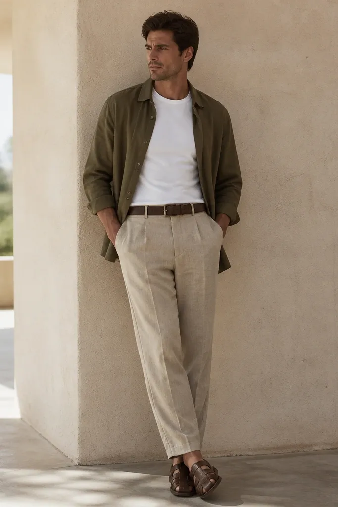 Man in tan linen pants with a relaxed straight leg. He wears a fitted white crew tee under an olive overshirt with a button front. The overshirt is unbuttoned, hanging to mid-hip. Dark brown leather belt and matching leather sandals or casual shoes appear under the hem. No patterned socks, just a low line.
