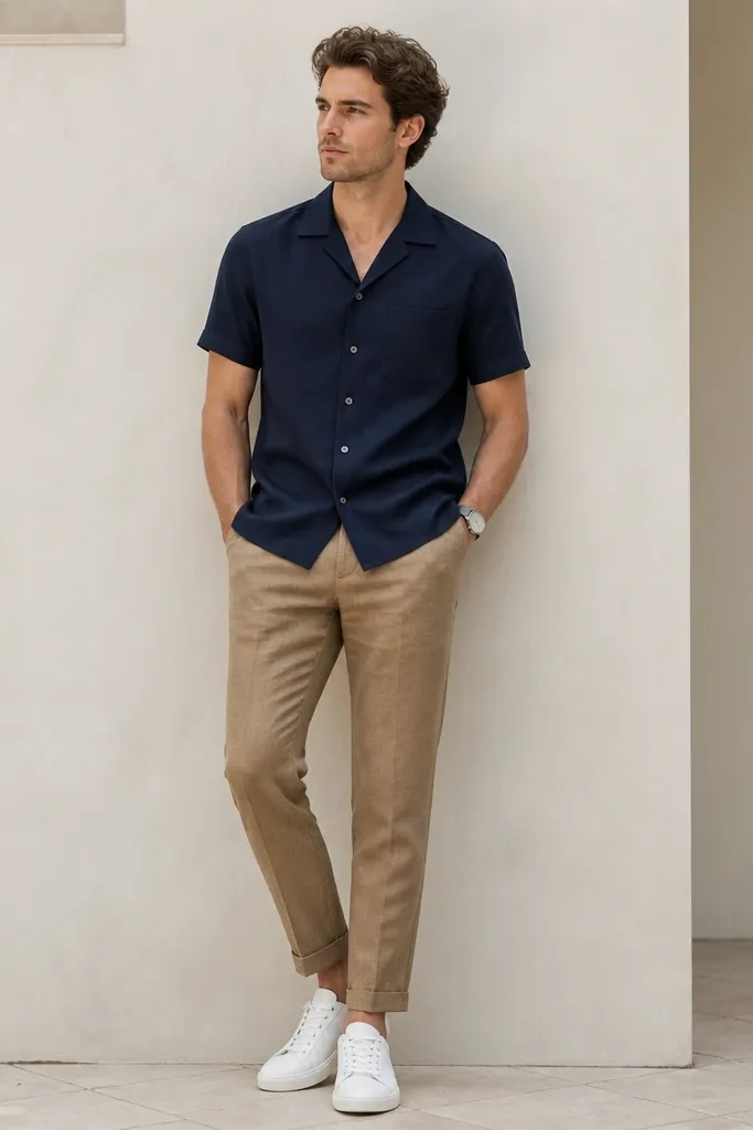 Man wearing deep tan linen pants with a tapered ankle. He has a navy short-sleeve button-up with a clean collar, worn untucked. Shoes are bright white leather sneakers with a low profile. A thin silver watch sits on the wrist, and the belt matches navy or stays minimal.