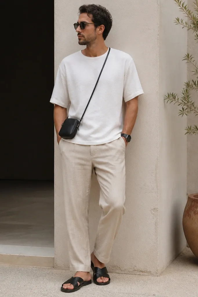 Man wearing tan linen pants with a relaxed fit and a straight leg. He has a white linen tee with a slightly textured fabric and a crew neck. He pairs black leather sandals with a simple strap. The hem ends cleanly above the sandal with no pooling fabric. A black watch and small crossbody bag appear.