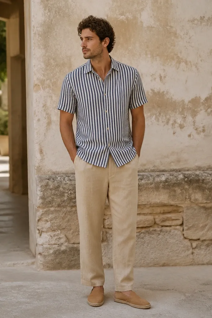 Man in wheat tan linen pants with a relaxed straight leg. He wears a short-sleeve striped button-up in navy and white with a collar. He pairs the look with classic tan espadrilles with rope soles. Socks are invisible or super low. The hem breaks lightly above the rope sole line.