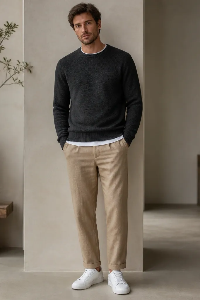 Man wearing camel tan linen pants with a tapered ankle. He layers a charcoal crewneck sweater over a white undershirt. Shoes are clean white low-top sneakers. The sweater hem sits at the waist, and the pants hem breaks just above the sneaker sole.