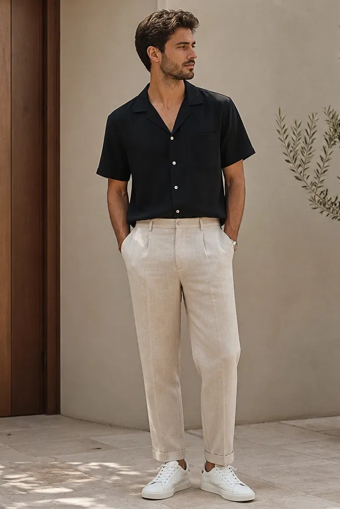 Man in tan linen pants with a relaxed fit. He wears a black camp collar shirt with a short collar and buttons. Shirt is tucked or lightly front-tucked. He pairs with white canvas sneakers. Socks are low and white, and the hem ends cleanly above the sneaker.