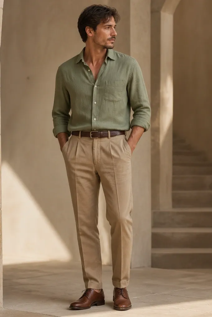 Man wearing deep tan linen pants with a neat taper. He pairs them with a sage green button-up shirt tucked in at the front. Shoes are brown leather derby shoes with a classic lace-up shape. Belt is brown leather with a simple buckle. The pants hem breaks neatly on the shoe.
