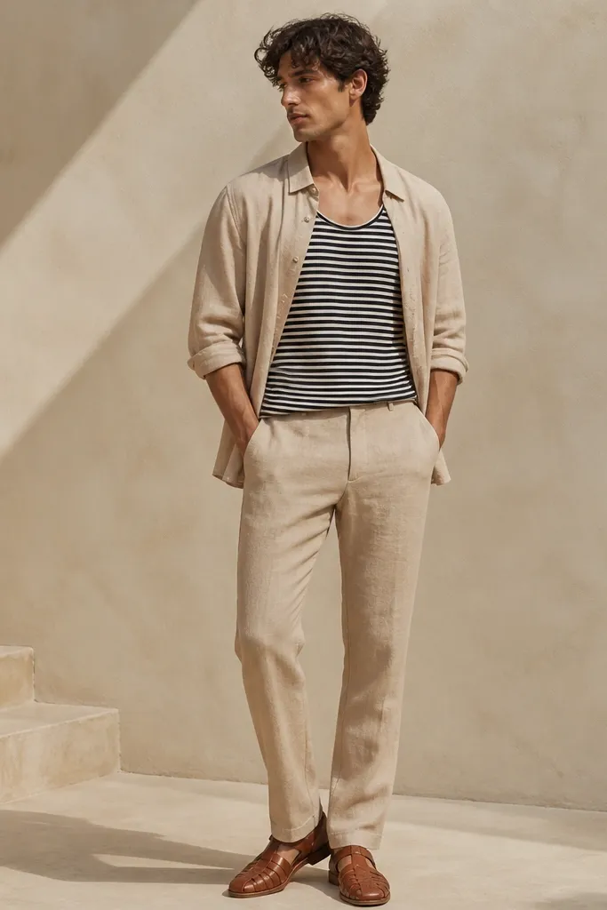 Man wearing tan linen pants in a relaxed but not baggy fit. He wears a black-and-white striped tank top under a beige lightweight overshirt. Overshirt is unbuttoned and drapes to mid-hip. Shoes are tan leather sandals or casual shoes with a low profile. The hem breaks cleanly with no stacking.