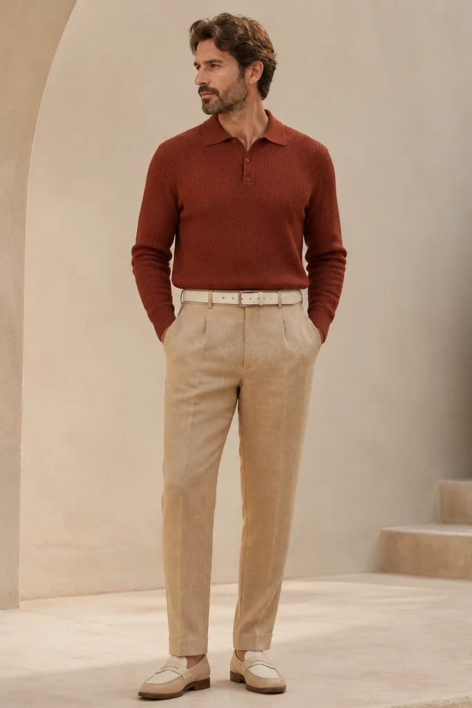 Man wearing camel tan linen pants with a straight leg. He pairs them with a rust-colored knit polo in a heavier gauge. He wears cream leather belt and cream-tan loafers. The collar sits flat, sleeves down. The pants hem has a tidy break and shows the loafer vamp.