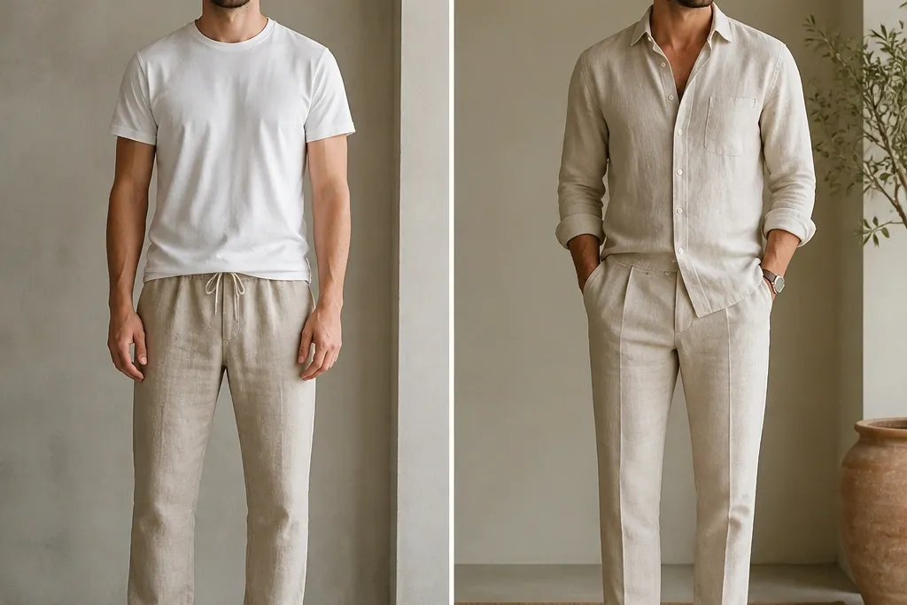 Before and after tan linen pants outfit men