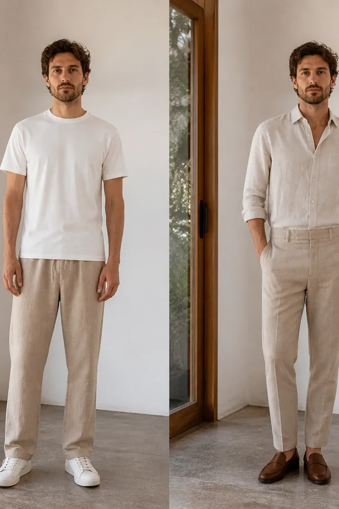 Before and after tan linen pants outfit men