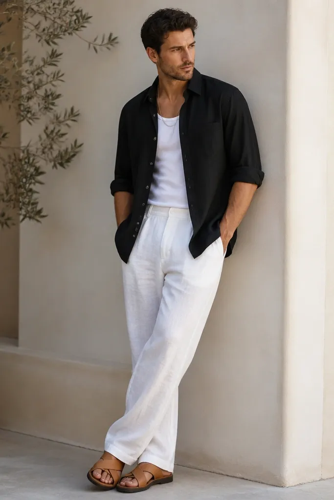 White linen pants are paired with a black linen button-up worn open over a white tank. Tan leather sandals show bare forefoot. The outfit is relaxed, with the shirt sleeves rolled to mid-bicep and a simple chain necklace visible.