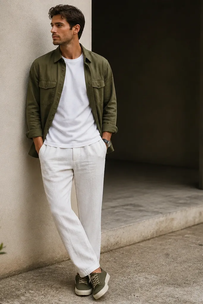 A plain white crew-neck tee is worn under an olive overshirt. The overshirt is open, showing the tee, and the pants are white linen with visible vertical texture. The shoes are olive canvas sneakers, and a dark watch strap sits on the wrist.