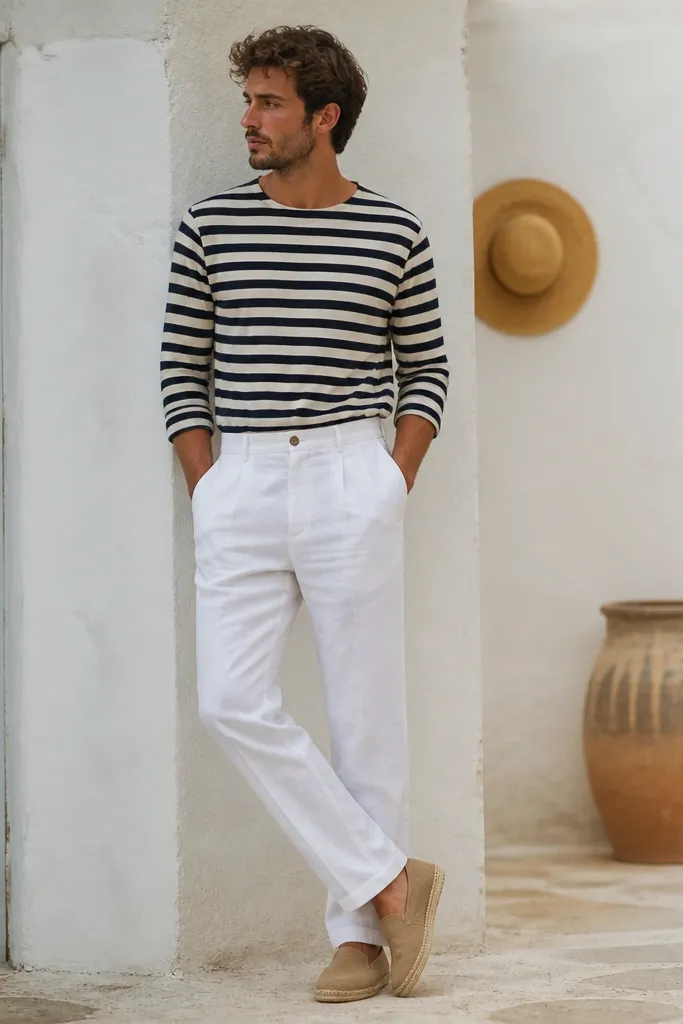 A navy-and-cream striped Breton tee is tucked into white linen pants. The man wears classic rope-soled espadrilles with a tan upper. A straw hat sits in the background, and the outfit shows a clean beltless waist with a button at the top.